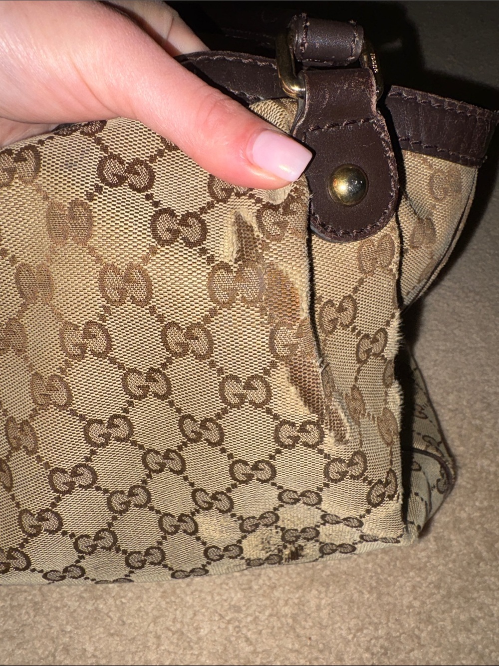 Gucci Beige GG Canvas Shoulder Bag with Brown Trim and Gold Charm - Picture 4 of 15